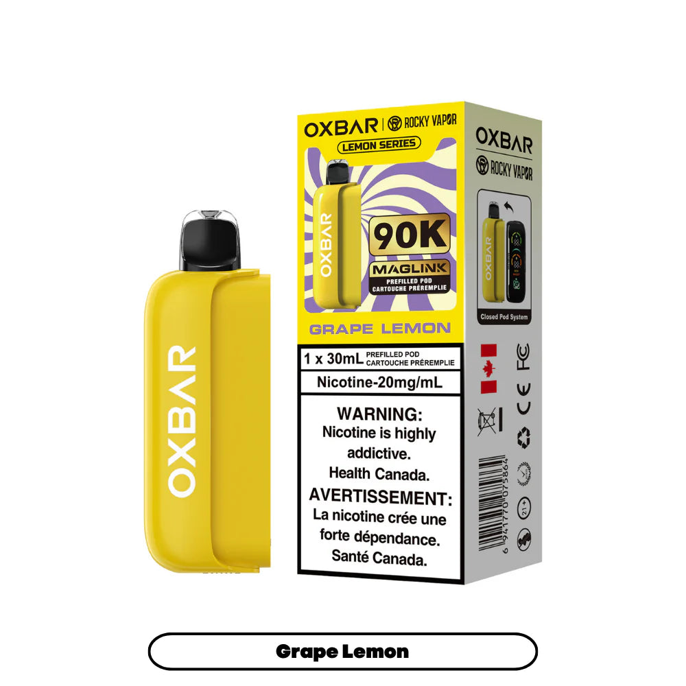 Yellow OXBAR vape device with Grape Lemon