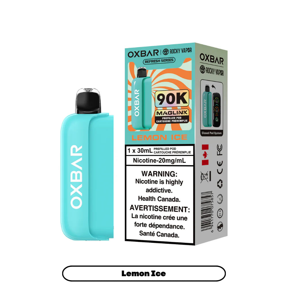 OXBAR vape device and packaging with lemon ice flavor
