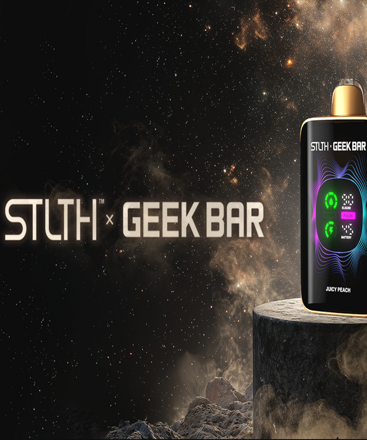 Vape device on a pedestal with STLTH and Geek Bar branding against a cosmic background